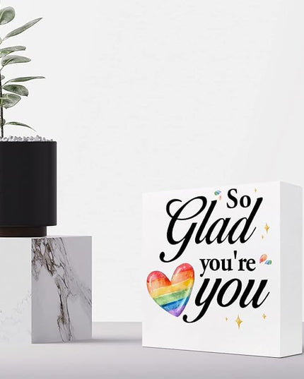So Glad You're You Rainbow Heart Wood Box Sign Decor Desk Sign,Inspirational Affirmation Wooden Box Block Sign for Home Office Shelf Table Decor Decorations - LeafyLoom