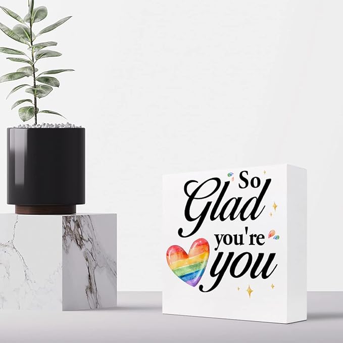 So Glad You're You Rainbow Heart Wood Box Sign Decor Desk Sign,Inspirational Affirmation Wooden Box Block Sign for Home Office Shelf Table Decor Decorations - LeafyLoom