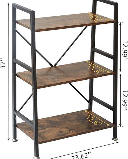TooCust 3 Tier Bookshelf, 37" x 23" x 12.6", 3 Tier Bookcase, 3 Shelf Bookshelf, Vintage Standing Metal Frame Book Shelves, Small Bookshelf, Rustic Brown - LeafyLoom