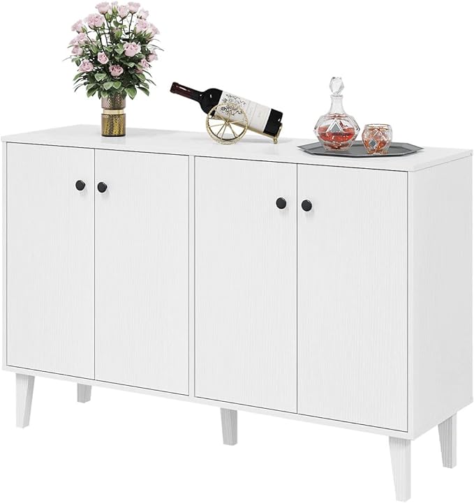 Panana Sideboard Buffet Cabinet Kitchen Storage Cabinet Living Room 4 Doors Console Table (White) - LeafyLoom