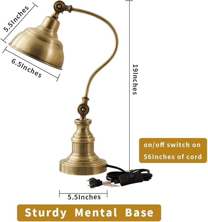 Brass Desk Lamp, Adjustable Table Lamp, Vintage Task Lamp with Rotary Shade Adjustable Height, Rechargeable Lamps for CoffeeTable Restaurant Bedroom Dinner Lighting - LeafyLoom
