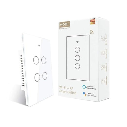 MOES 2.4GHz WiFi Wall Touch Smart Switch Neutral Wire Required, 3 Way Multi-Control, Glass Panel Light Switch Work with Smart Life/Tuya App, RF433 Remote Control, Alexa and Google Home White 4 Gang MOES