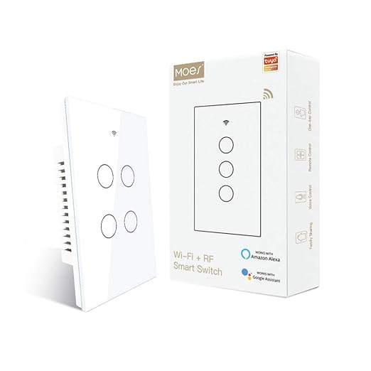MOES 2.4GHz WiFi Wall Touch Smart Switch Neutral Wire Required, 3 Way Multi-Control, Glass Panel Light Switch Work with Smart Life/Tuya App, RF433 Remote Control, Alexa and Google Home White 4 Gang MOES