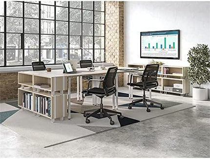Safco Modern Home Office Desk Beige Wood Laminate White Powder Coat Steel Frame - LeafyLoom