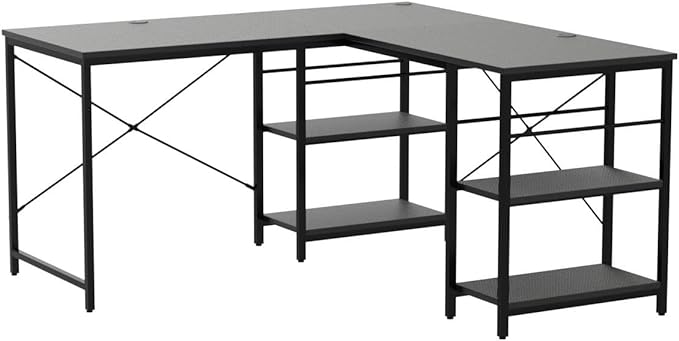 Bestier L Shaped Desk with Shelves 86 Inch Reversible Corner Computer Desk or 2 Person Long Table for Home Office Large Gaming Writing Storage Workstation P2 Board with 3 Cable Holes, Carbon Fiber - LeafyLoom