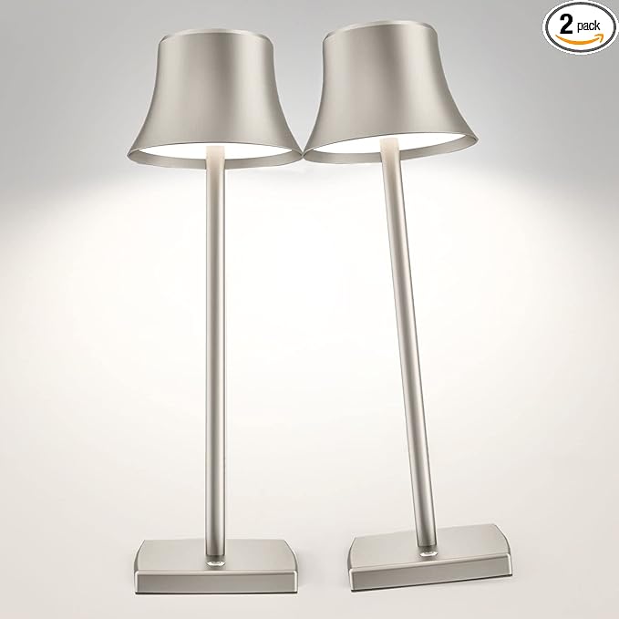 Cordless Table Lamp, Rechargeable Battery 5000mAh Metal Aluminum Housing USB LED Portable Powered Desk Lamp, 2 Levels Brightness Night Light for Restaurants Bedroom Outdoor (2Pack-Silver) - LeafyLoom
