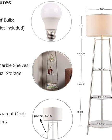 Floor Lamp, Standing Reading Light with Faux Marble Shelves and Fabric Shade, Modern Tall Pole Lamp, Accent Furniture Décor Lighting for Living Room, Bedrooms Silver - LeafyLoom