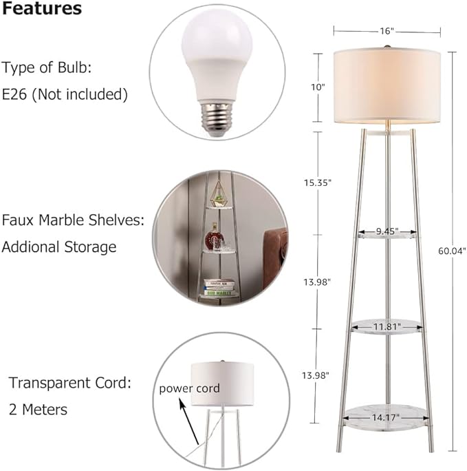 Floor Lamp, Standing Reading Light with Faux Marble Shelves and Fabric Shade, Modern Tall Pole Lamp, Accent Furniture Décor Lighting for Living Room, Bedrooms Silver - LeafyLoom