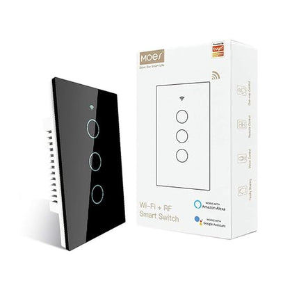 MOES 2.4GHz WiFi Wall Touch Smart Switch Neutral Wire Required, 3 Way Multi-Control, Glass Panel Light Switch Work with Smart Life/Tuya App, RF433 Remote Control, Alexa and Google Home Black 3 Gang MOES