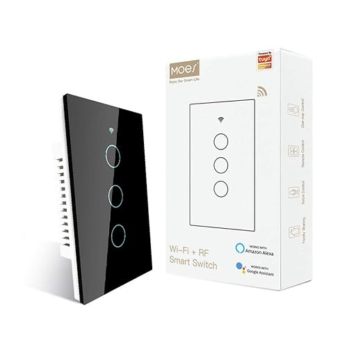 MOES 2.4GHz WiFi Wall Touch Smart Switch Neutral Wire Required, 3 Way Multi-Control, Glass Panel Light Switch Work with Smart Life/Tuya App, RF433 Remote Control, Alexa and Google Home Black 3 Gang MOES