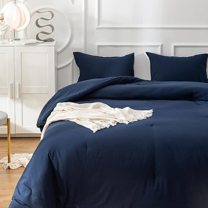 Solid Navy Comforter Set Cal King Navy Blue Bedding Set Soft Pure Navy Blue Bedding Quilt Men Navy Blue Blanket Women Breathable Durable Bed Comforter Set Dark Navy Blue Bedding Set Cal King - LeafyLoom