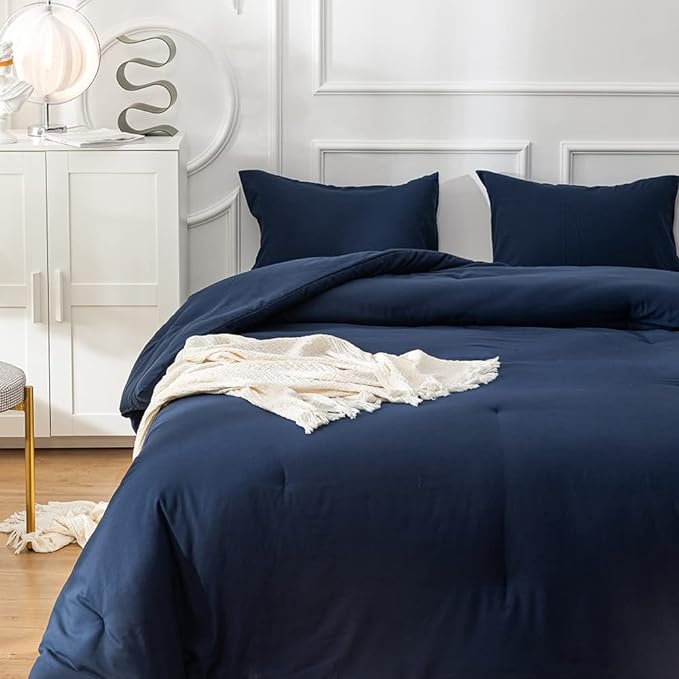 Navy Comforter Full Size Navy Blue Bedding Set Dark Navy Blue Comforter Set 3 Pieces 1 Comforter with 2 Pillowcases - LeafyLoom