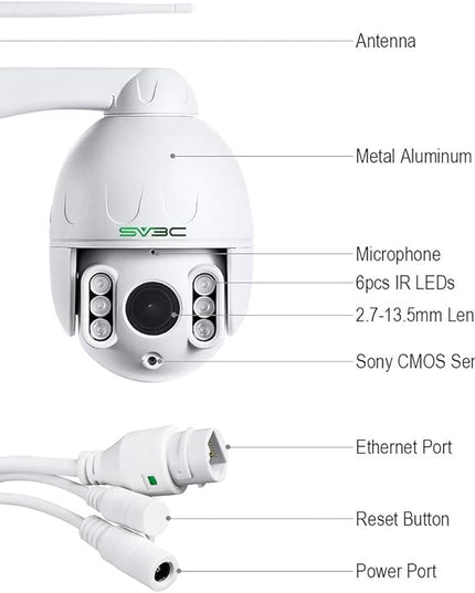 SV3C 1080P Outdoor PTZ WiFi Camera, ONVIF Security IP Camera with Auto Tracking, 197ft HD Night Vision, 5X Optical Zoom, Two-Way Audio, Waterproof, Compatible with Blue Iris, SD Card Slot, CamHiPro SV3C