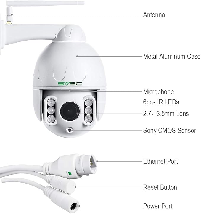 SV3C 1080P Outdoor PTZ WiFi Camera, ONVIF Security IP Camera with Auto Tracking, 197ft HD Night Vision, 5X Optical Zoom, Two-Way Audio, Waterproof, Compatible with Blue Iris, SD Card Slot, CamHiPro SV3C