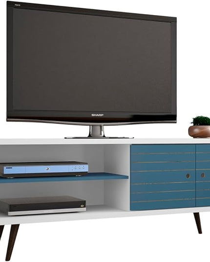 Manhattan Comfort Liberty Mid Century Modern TV Stand for Televisions up to 60 Inches, Bedroom and Living Room Entertainment Center with Storage, Shelves, and Cabinet, 63" Wide, White and Aqua Blue - LeafyLoom