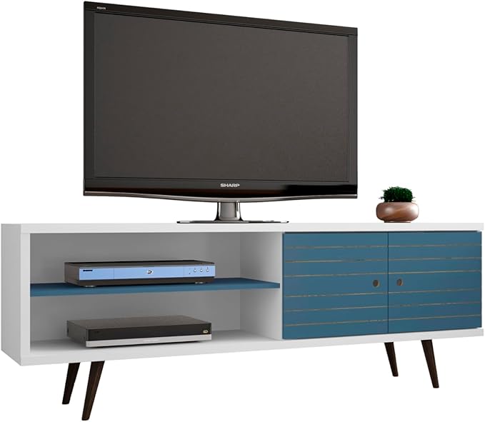 Manhattan Comfort Liberty Mid Century Modern TV Stand for Televisions up to 60 Inches, Bedroom and Living Room Entertainment Center with Storage, Shelves, and Cabinet, 63" Wide, White and Aqua Blue - LeafyLoom