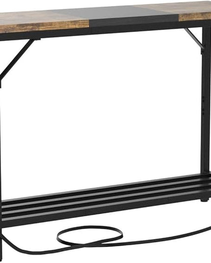 Narrow Console Table with Power Strips, Sofa Table with Storage Shelves for Living Room, 2-tier Foyer Tables for Entryway, Hallway, Behind Couch, Kitchen Counter, 39'', Rustic & Black - LeafyLoom