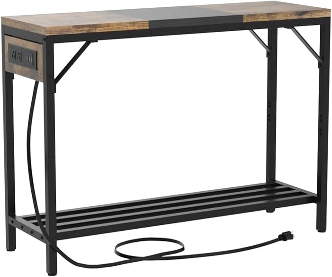 Narrow Console Table with Power Strips, Sofa Table with Storage Shelves for Living Room, 2-tier Foyer Tables for Entryway, Hallway, Behind Couch, Kitchen Counter, 39'', Rustic & Black - LeafyLoom