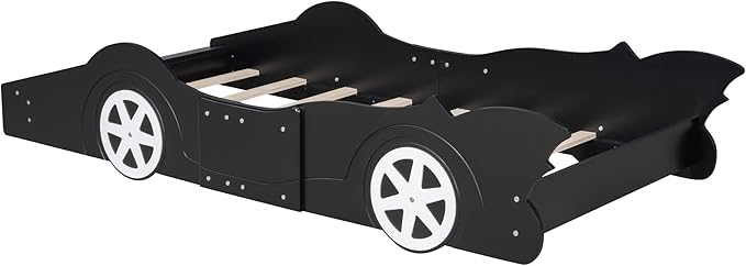 Car Shaped Toddler Bed with Wheels,Racecar Platform Beds W/Safety Guardrail,Slats Support,Stylish Design,Easy Assembly,Wood Twin Bedframe for Boys Toddlers Kids Teens Bedroom,Black - LeafyLoom