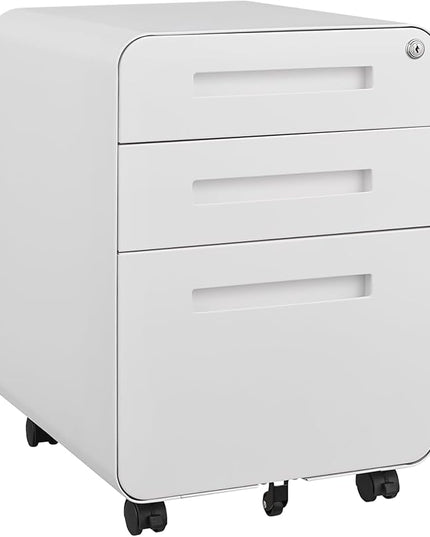 3 Drawer Mobile Desk Office with Lock and Wheels,Versatile Storage Cabinets w/Anti-Tilting Cold Rolled Steel Waterproof Moisture-Proof,for Legal/Letter/A4 Files,White - LeafyLoom