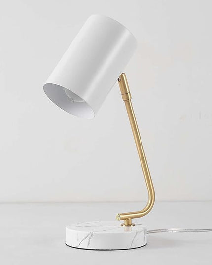 Globe Electric Novogratz x 65784 Athena 15" Desk Lamp, White Shade, Brass Arm, White Faux Marble Base - LeafyLoom