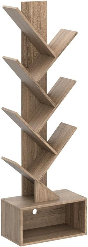 Hoctieon 6 Tier Tree Bookshelf, Tall Bookcase with Drawer, Freestanding Book shelf, Display Floor Standing Storage Shelf, Book Organizer Shelves for Home Office, Living Room, Bedroom, Greige - LeafyLoom