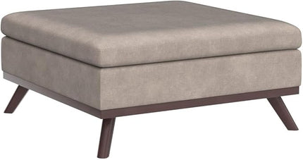 SIMPLIHOME Owen 36 Inch Wide Mid Century Modern Square Coffee Table Lift Top Storage Ottoman in Upholstered Natural Taupe Faux Leather, For the Living Room - LeafyLoom