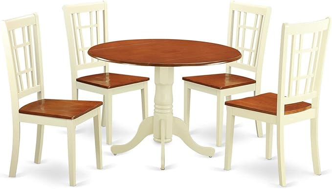 East West Furniture Dublin 5 Piece Dinette Set for 4 Includes a Round Room Table with Dropleaf and 4 Dining Chairs, 42x42 Inch, Buttermilk & Cherry - LeafyLoom