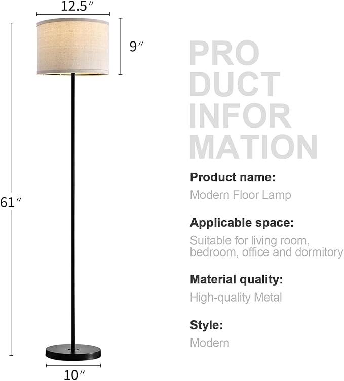 Oneach 61" Farmhouse Industrial Floor Lamp for Living Room Standing Floor Lamp Rustic Floor Lamps for Living Room Bedroom Tall Lamps with Rotary Switch for Bedroom with Natural Linen Lamp Shade - LeafyLoom