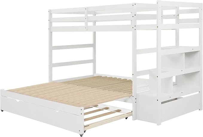 Wooden Bunk Bed Twin Over Twin/King Size with Stairs Storage and Trundle, Extendable Bunkbeds with Two Open Shelves and Drawer, for Kids Teens Adults Bedroom, White - LeafyLoom