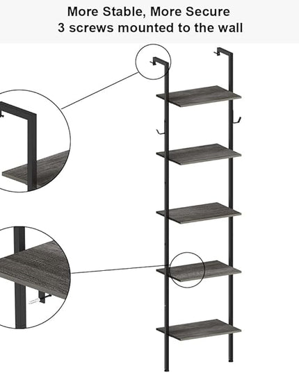 Retro Bookshelf Wall Mounted 5-Tiers Ladder Shelf Dark Grey Narrow Thin Bookshelf Farm House Open Display Storage Rack for Living Room Bedroom Home Office - LeafyLoom