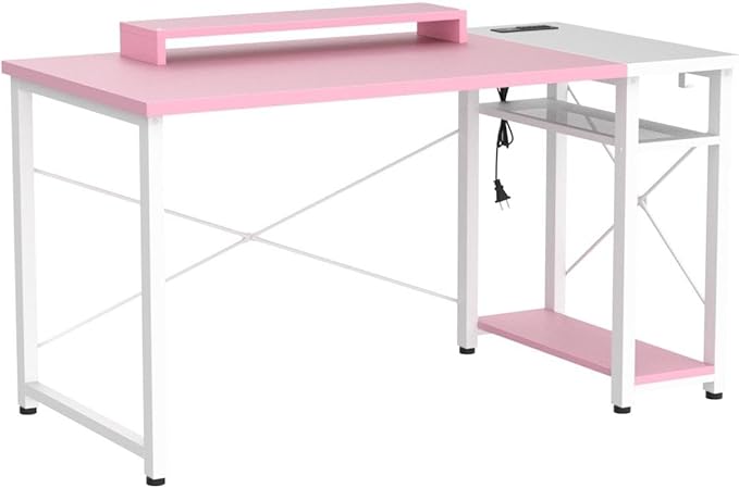 armocity Computer Desk with LED, Gaming Desk with Outlets, 40 Reversible Laptop Table with Monitor Stand, Small Desk for Small Spaces, Pink - LeafyLoom