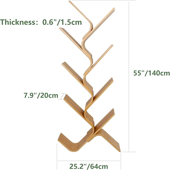 8-Tier Floor Bamboo Tree Bookshelf, Modern Standing Bookcase Office Book Storage Creative Curved Rack Organizer Shelves, Book Shelf Space Saver for Home Living Room Corner Bedroom - LeafyLoom