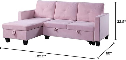 Reversible L Shaped Velvet Sectional Sofa Couch with Storage Chaise, Pull Out Sleeper Bed Removable Back Cushions for Living Room, Apartment, Small Space, Pink, 82.5 - LeafyLoom