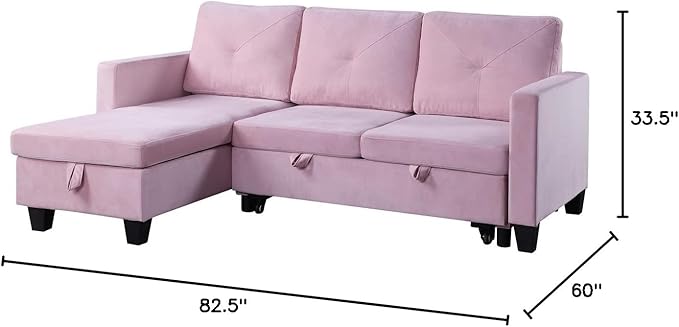 Reversible L Shaped Velvet Sectional Sofa Couch with Storage Chaise, Pull Out Sleeper Bed Removable Back Cushions for Living Room, Apartment, Small Space, Pink, 82.5 - LeafyLoom