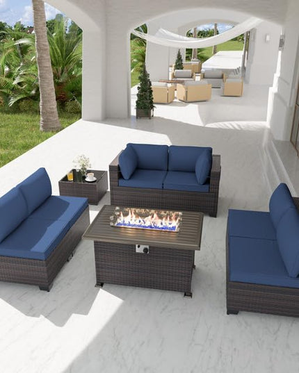 Patio Furniture Set with Fire Pit Table 8-Piece Outdoor Sectional Furniture Outdoor Rattan Patio Conversation Sets with 43in 55,000 BTU Propane Gas Fire Pit Table Glass Table, Navy Blue - LeafyLoom