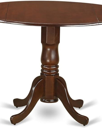 East West Furniture Dublin 5 Piece Room Furniture Set includes a Round Dining Table with Dropleaf and 4 Dark Coffee Linen Fabric Upholstered Chairs, 42x42 Inch, DLEN5-MAH-18 - LeafyLoom