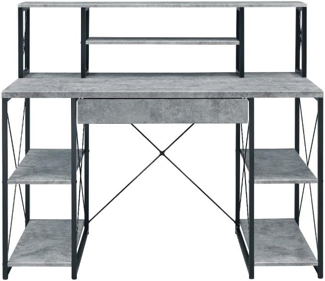 Acme Amiel Wooden 1-Drawer Writing Desk in Faux Concrete and Black - LeafyLoom