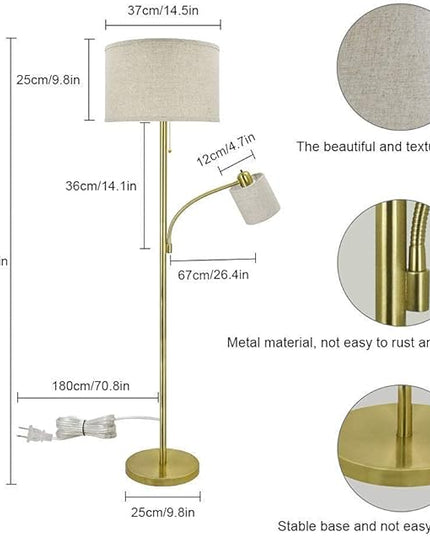 DLLT Rustic Floor Lamps for Living Room- Modern Tall Pole Light With Adjustable Reading Light, Vintage Standing Lamp for Contemporary Mid-Century Bedroom, Study Room, Fabric Shade E26(Bulb Included) - LeafyLoom