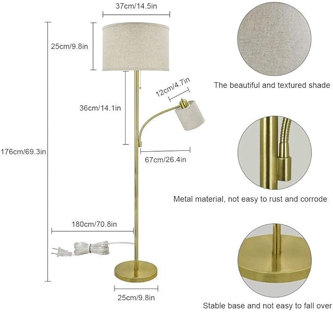 DLLT Rustic Floor Lamps for Living Room- Modern Tall Pole Light With Adjustable Reading Light, Vintage Standing Lamp for Contemporary Mid-Century Bedroom, Study Room, Fabric Shade E26(Bulb Included) - LeafyLoom