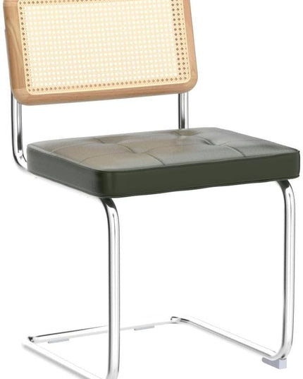 Zesthouse Mid-Century Modern Dining Chairs, Upholstered Tufted Faux Leather Accent Chairs Rattan Dining Chairs Set of 2, Armless Mesh Back Cane Chairs with Metal Chrome Legs, Green - LeafyLoom
