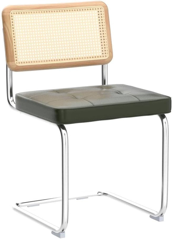 Zesthouse Mid-Century Modern Dining Chairs, Upholstered Tufted Faux Leather Accent Chairs Rattan Dining Chairs Set of 2, Armless Mesh Back Cane Chairs with Metal Chrome Legs, Green - LeafyLoom
