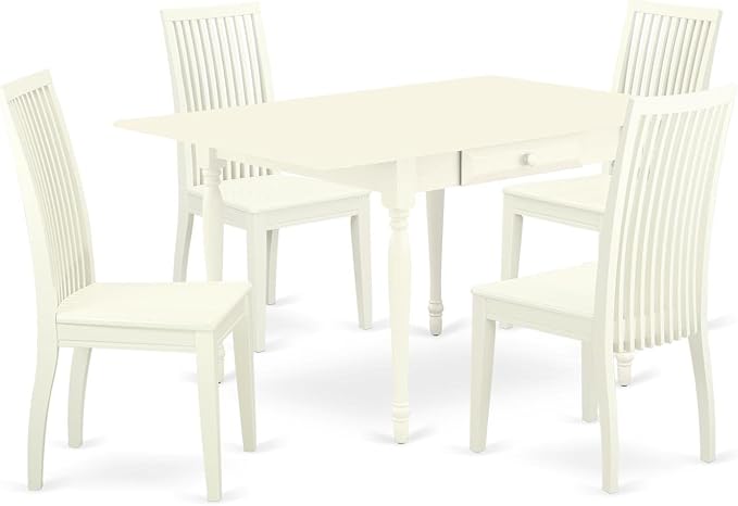 East West Furniture Monza 5 Piece Dinette Set for 4 Includes a Rectangle Room Table with Dropleaf and 4 Kitchen Dining Chairs, 36x54 Inch, Linen White - LeafyLoom