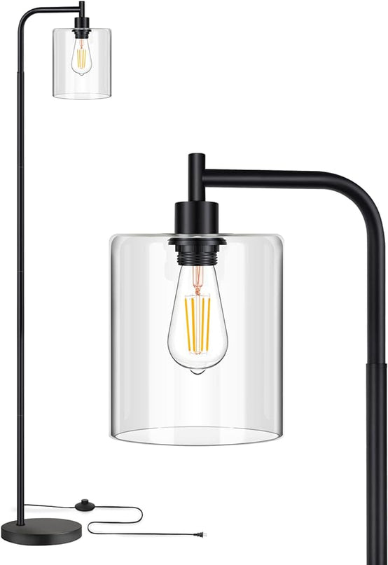 MAXvolador Industrial Floor Lamp, Modern Standing Lamps with Hanging Clear Glass Shade, Classic Reading Tall Pole Light for Living Room Bedroom, Black - LeafyLoom