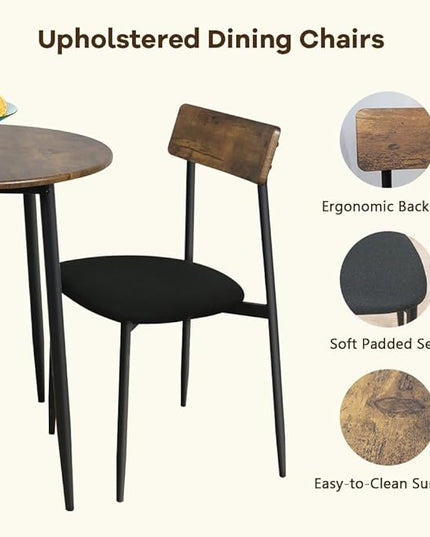 Small Dining Table for 2, Small Kitchen Table for 2, Bar Table, Dining Room Table, Round Dining Table, Bistro Table and Chairs Set of 2, for Small Spaces, with Fabric Seats, Rustic Brown - LeafyLoom