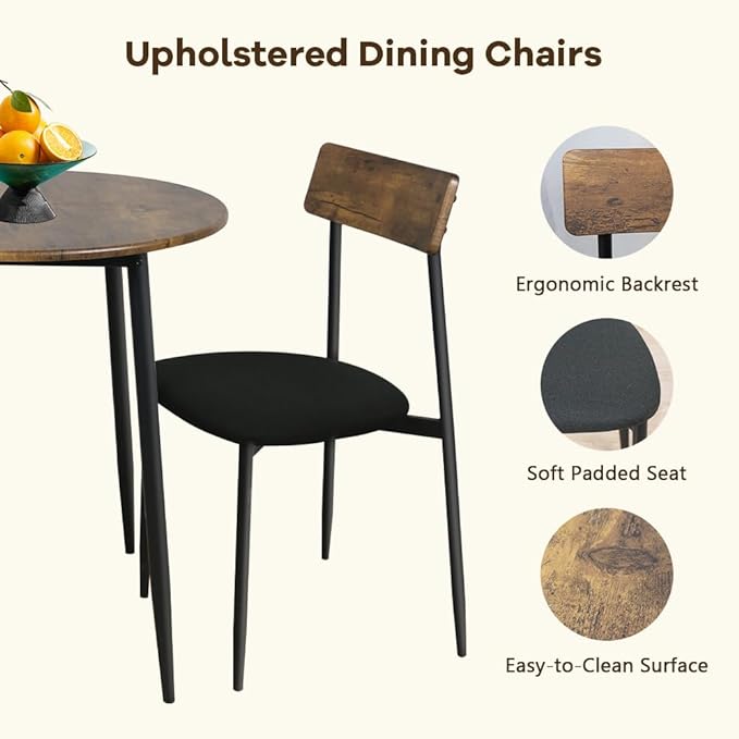 Small Dining Table for 2, Small Kitchen Table for 2, Bar Table, Dining Room Table, Round Dining Table, Bistro Table and Chairs Set of 2, for Small Spaces, with Fabric Seats, Rustic Brown - LeafyLoom