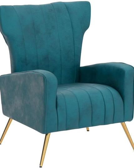 Armchair Modern Velvet Accent Chair, Channel Tufted Bedroom, Office or Living Room Furniture with Elegant Metal Legs, Blueish Green - LeafyLoom