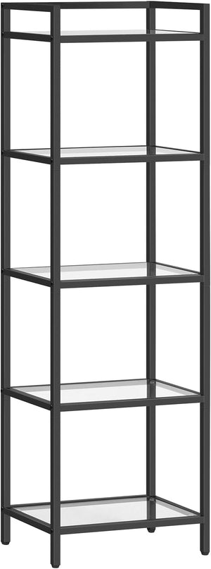HOOBRO 5-Tier Bookcase, Metal Bookshelf, Tempered Glass Bookshelves, Slim Shelving Unit for Living Room, Narrow Bookshelf for Small Spaces, Storage Rack Display Shelf for Home Office, Black BK45SJ01 - LeafyLoom