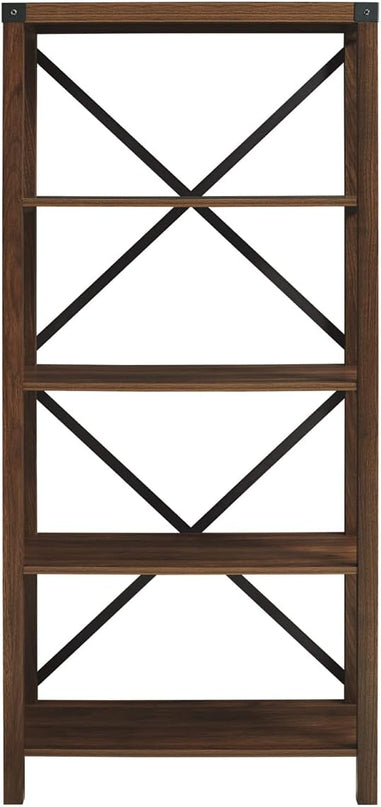 Walker Edison 4 shelves Andersen Urban Industrial Metal X Back Bookshelf, 64 Inch, Dark Walnut - LeafyLoom