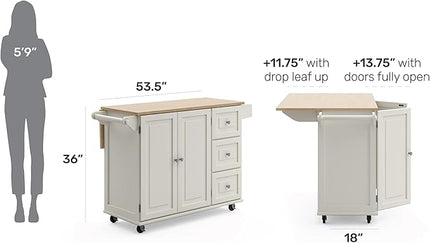 Homestyles Mobile Kitchen Island Cart with Wood Drop Leaf Breakfast Bar, Off White,Soft White, 54 Inch Width - LeafyLoom